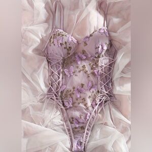 Lavender Lace-Up Bodysuit with Butterfly Embroidery